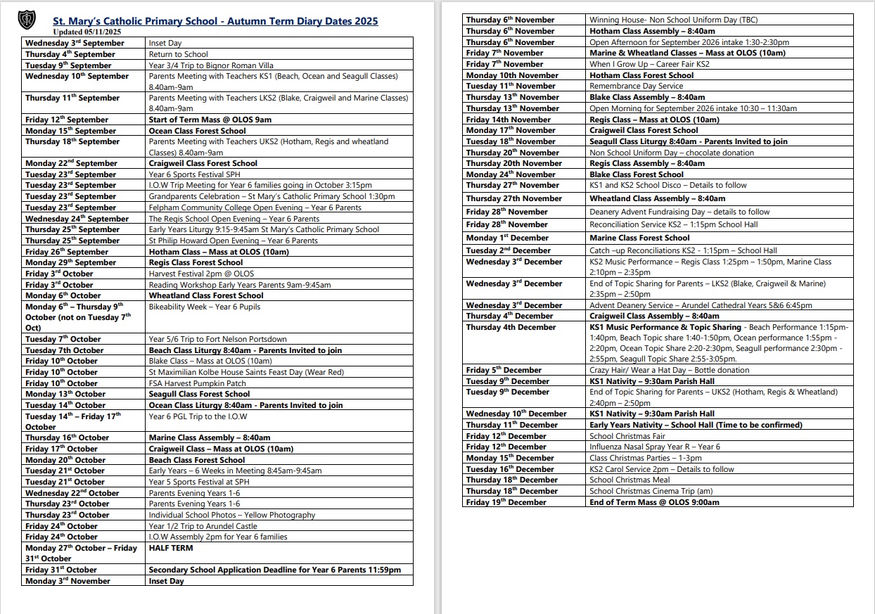 Dates list - updated 05.11.25