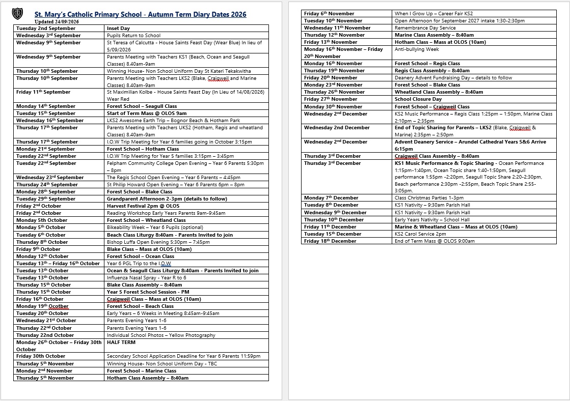Dates list Autumn Term 2026